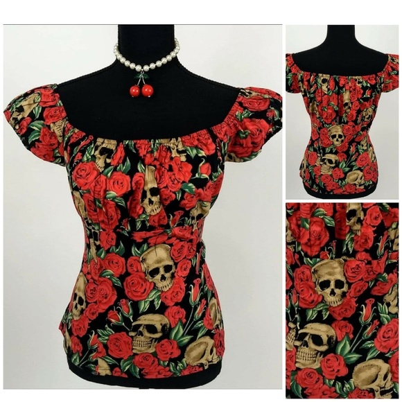 Glitz Glam and Rebellion Tops - NWT Skulls and Roses Pinup Peasant Top